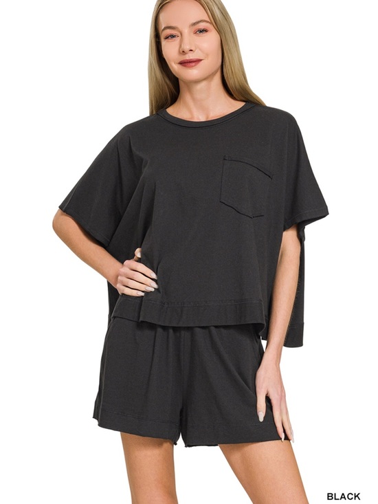 Zenana Outfitters Pants - 122.  EXPOSED SEAM BOXY TOP & SHORTS SET in black